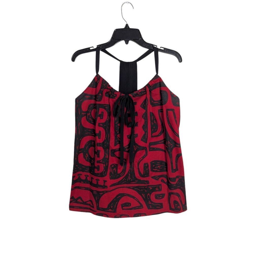 Rix Made in Hawaii red black tribal cotton halter keyhole sleeveless top women M